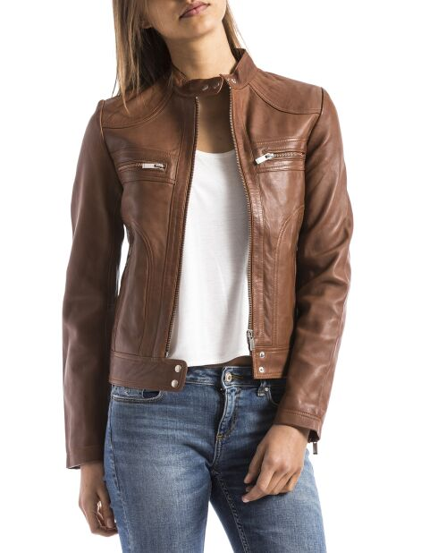 Veste en Cuir Marron Cognac Premium Femme